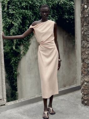 Zara Asymmetric Linen Blend Midi Dress Gold Appliqué Coral Pink Size S